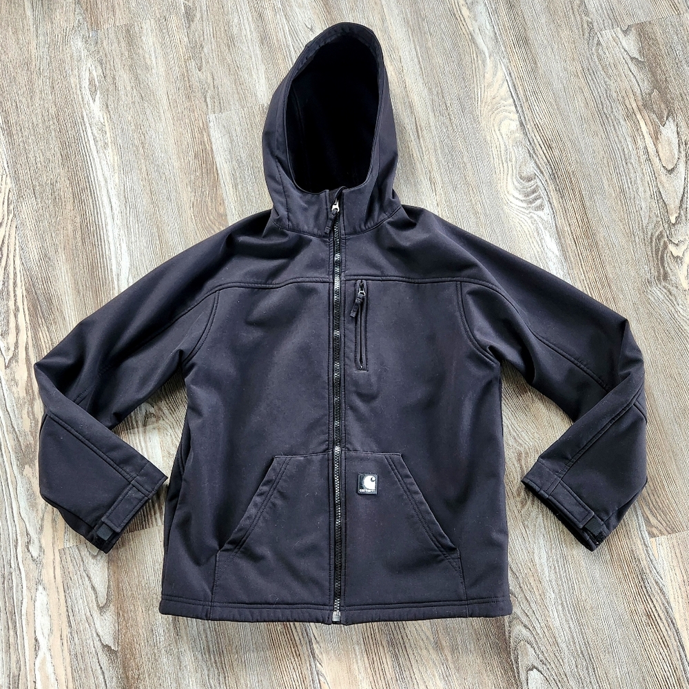 Carhartt J182 Black Soft Shell Active Jacket Mens M Hooded Lined Nylon Full Zip